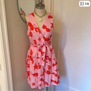 J.Crew Tiered Wrap Dress lobster and starfish print in pink and red Size 18